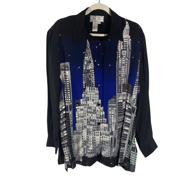 Diane Gilman vintage Silk Cityscape artsy sequin metallic Button-Up tunic top - Picture 1 of 9